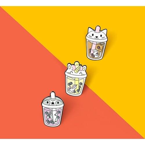 Pearl Boba Milk Tea Enamel Pins Cat Penguin Lapel Pin Animal Badges Kitty Brooches For Bubble Tea Gifts For Girls And Sisters