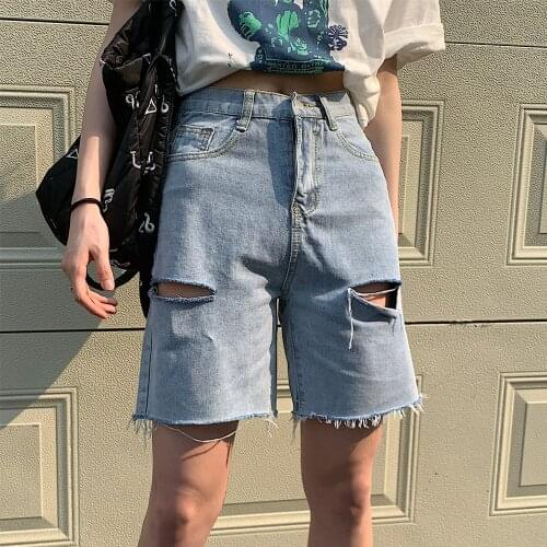 Woman Shorts Summer Korean Hong Kong Style Straight Denim Five-point Loose Hole High Waist Female PantsWide leg pants