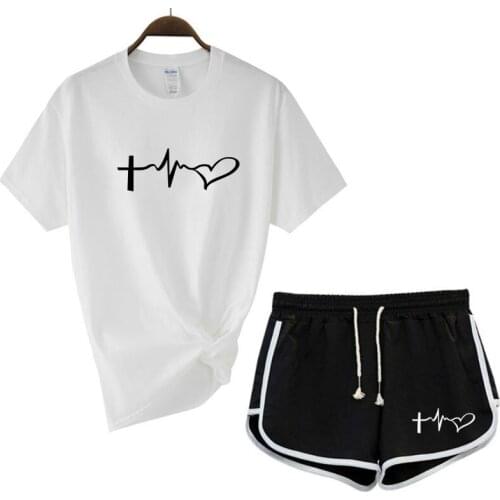 2021 Summer Ladies Printed T-shirt + Shorts 2-piece Set Large Cotton Ladies Sports Suit Jogging Fitness Girl Short Sleeve Love