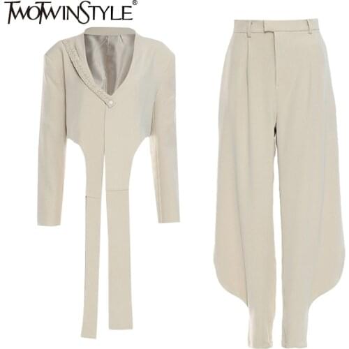 TWOTWINSTYLE Casual Solid Two Piece Set For Women V Neck Long Sleeve Tops High Waist Loose Pants Patchwork Sets Females 2021 New