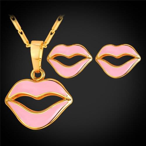 Women Cute Lip Charm Necklace Earrings Set Romantic Gift Gold/Silver Color High Quality Enamel Wholesale Jewelry PE4022