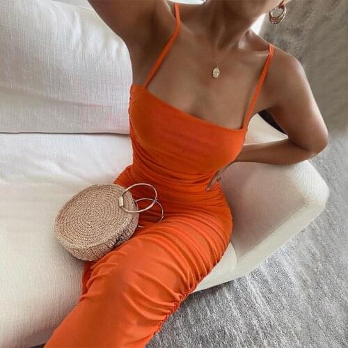 Women Solid Color Long Sling Dress Sexy Low-Cut Sleeveless High Waist Mesh See-through Ruched Slim Party Bodycon Dress