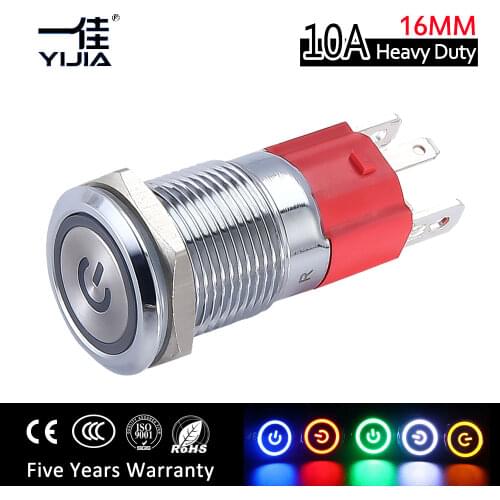 16mm 10A Heavy Duty Waterproof Momentary push button switch 1NO high current Stainless steel 12V 24V LED