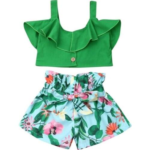 2019 Summer Children Toddler Baby Girls 1-6Y Clothes Sets Green Ruffle Vest Crop Tops Floral Short Pants Outfits Clothes