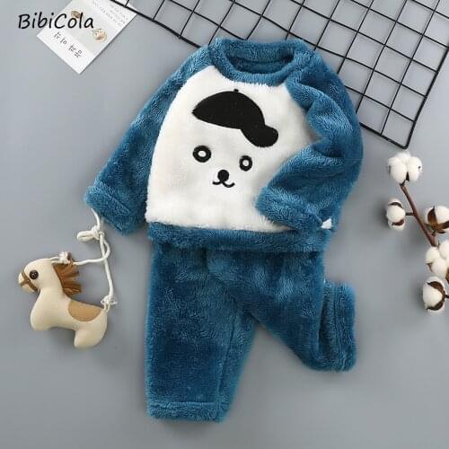 2021 Winter Kids Pajamas Sets Warm Pyjamas Boys Girls Cartoons Sleepwear Flannel Fleece Baby Toddler Child Home Clothes Suit