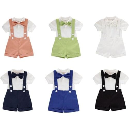 Newborn Kids 3PCS Solid Color Outfits Short Sleeve Lapel Romper Shirt Top+Suspender Shorts+Bow Tie Fashion Clothes Baby Boys