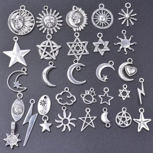 30pcs Mix Sun Charms For Jewelry Making Supplies Moon And Sun Pendant Charm DIY Necklace Earrings Anklets Materials Silver Color