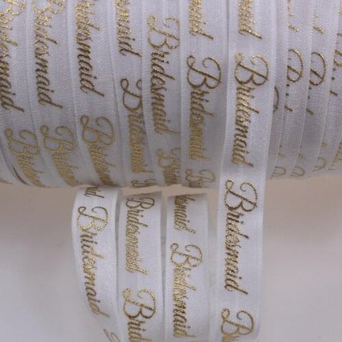 4colors 5/8'' gold foil bridesmaid fold over elastic ribbon 100yards white foe with words for wedding