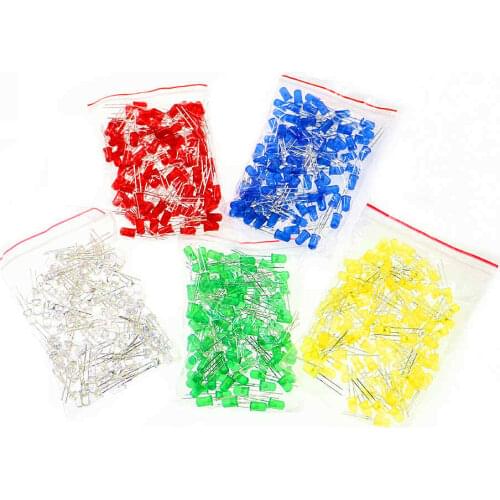 500pcs/lot (5 colors x 100pcs) White Red Green Blue Yellow 5mm LED Assorted Kit Set