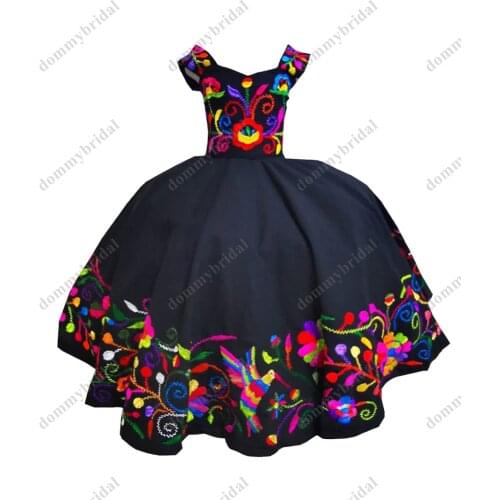 2022 Colorful Flower Embroidery Sexy Black Ball Gown Girls' Quinceanera Pageant Prom Formal Dresses for Kids Little Girls Mexica