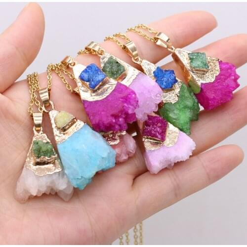 Natural Druzy Agates Stone Pendant Necklace Irregural Agts Pendant Necklace Gold Chain for Jewelry Party Gift 18x38x12mm