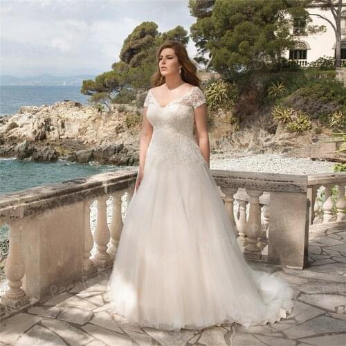 Elegant V Neck Short Sleeves Wedding Dress Beach Lace Applique Bride Dresses Capped Sleeve Customized Bridal Gowns 2020 Vestidos