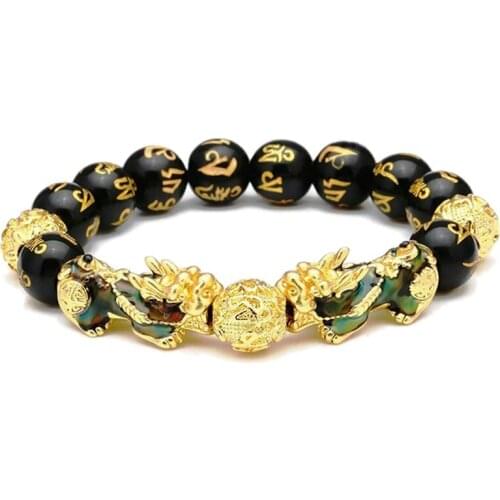 Feng Shui Black Beads Alloy Wealth Bracelet Unisex Wristband Gold Black Pixiu Wealth And Good Luck Women Men Bracelet