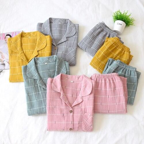 Korean Plaid Cotton Pajamas for Couple Spring Fall Women Sleepwear Men Long Sleeve Sleep Tops + Pants Plus Size Loose Loungewear