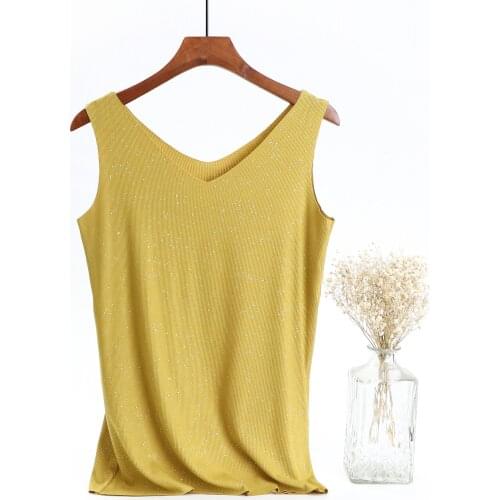 Summer Cute Yellow Tank Tops V-neck Sleeveless Sequin Cami Top Casual Ladies Tank Top Plus Size Women Tees Short Sexy Homewear