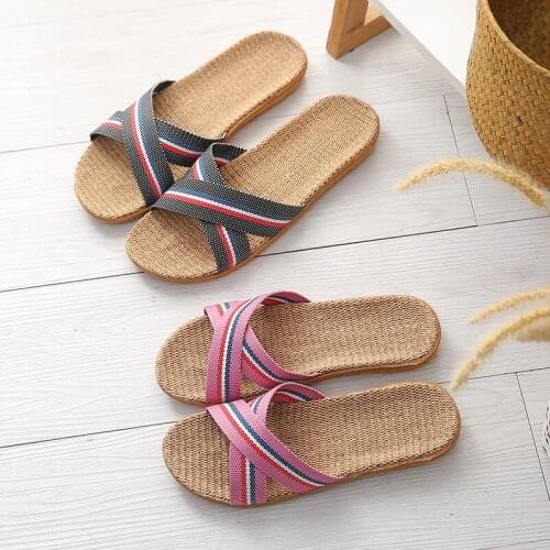 Ladies Linen Slippers Men/Women Summer Indoor Non-Slip Floor Flip Flops Couples Home Bathroom Sandals Female House Shoes Size 45