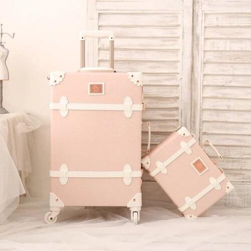 Retro fashion handmade set rolling luggage makeup bag women pink spinner carry on travel trolley suitcase box with cosmetic case