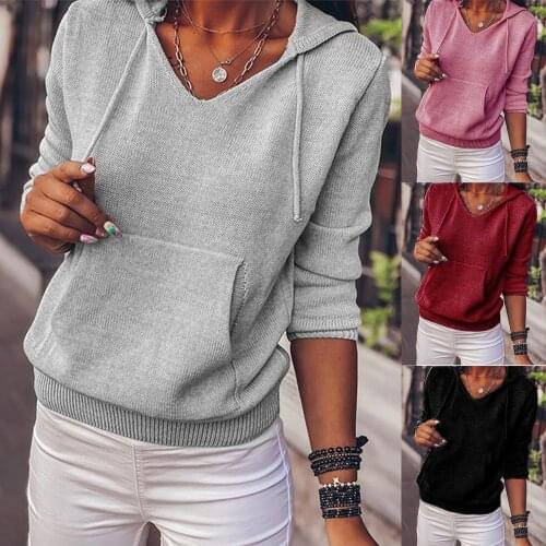 Autumn womens hooded sweater fashion solid color simple V-neck long-sleeved pocket knitted hooded sweater multicolor толстовка