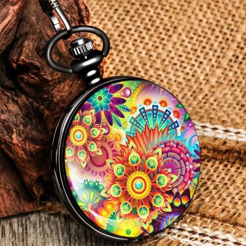 Colorful Blooming Flowers Printed Pendant Pocket Watch Quartz Movement Arabic Numerals Dial Retro Smooth Black Pocket Clock
