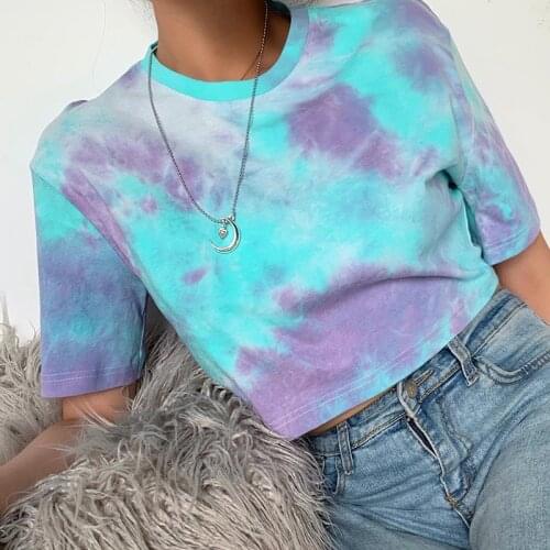 Gniherii Summer Women T-shirt Tie Dyeing Short Sleeve O-neck Tops Casual Loose Tee Shirt Ladies Neon Print Short Tee Clothes