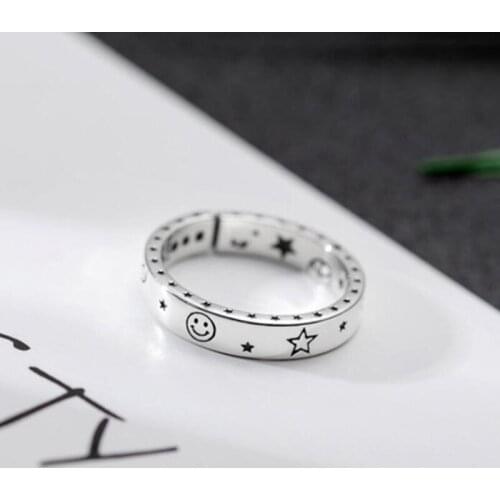 Vintage Moon Star Open Thai Silver Color Female Opening Ring Smile Smiling Face Resizable Finger Rings For Fashion Women Jewelry