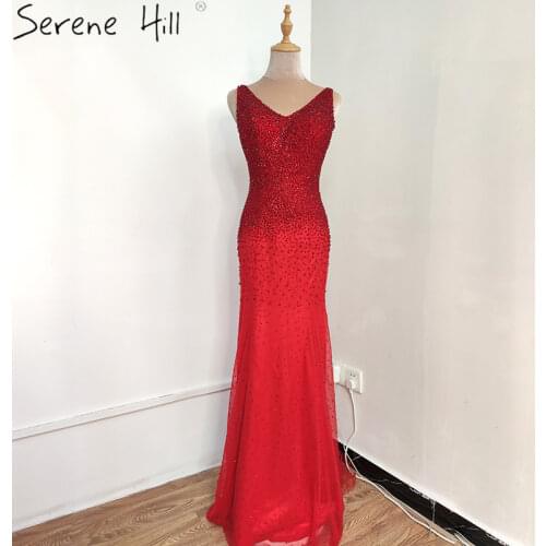 Gradient Red V-Neck Crystal Beading Evening Dresses Long Sleeveless Sexy Luxury Sparkle Evening Gowns Serene Hill BLA6581