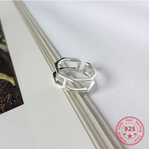S925 Sterling Silver Jewelry Geometric Ring Hexagonal Opening Adjustable Ring