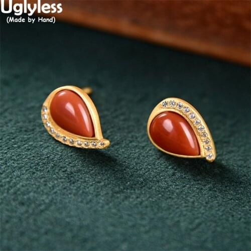 Uglyless 10MM Water Drop Agate Studs Earrings for Women Shinning Zircons Crystals Earrings Gold 925 Silver MINI Brincos Bijoux