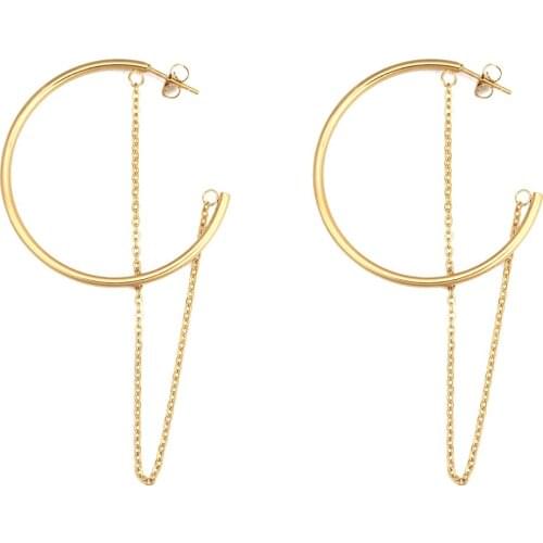 New Fashion Earring Stainless Steel Hoop Earrings Gold Color Round For Women 7.1cm x 4cm, Post/ Wire Size: (20 gauge), 1 Pair