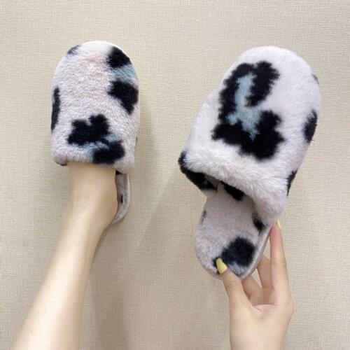 Women Warm Home Slippers Winter 2020 Woman Cow Print Slide Female Plush Footwear Womens Comfortable Flat Ladies Shoes Plus Size
