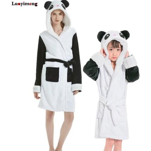 Women Kids Panda Bathroben For Girls Pajmaas Winter Warm Thick Unicorn Bath Robe Animal Hooded Dressing Gown Baby Boys Sleepwear