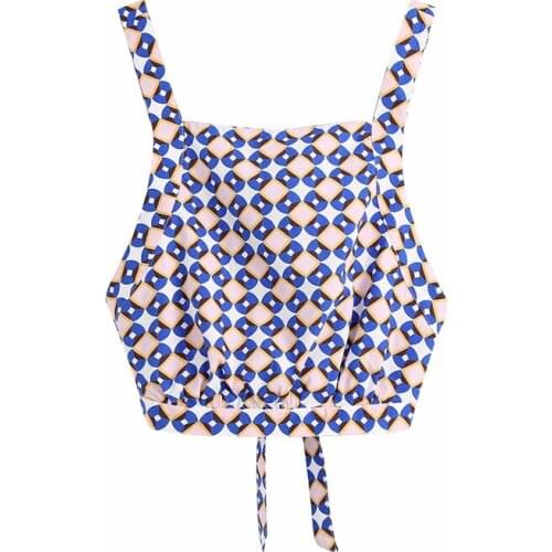 Chic Lady Fashion Geometric Print Za Blue Short Tank Tops Female Stylish Backless Lace Up Short Sling Tops