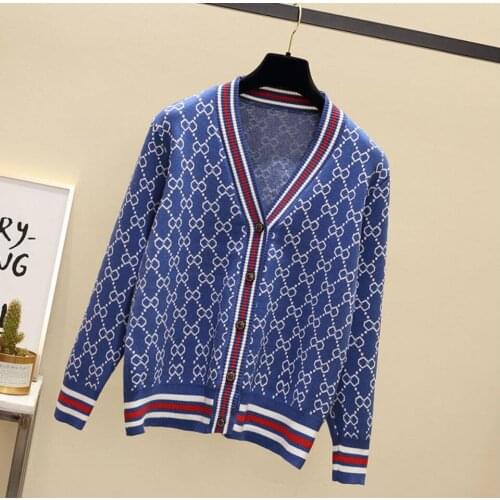 Autumn Winter Knitted Female Cardigan Loose Streetwear Knit Sweater Coat Cartoon Print V Neck knitted cardigan Women Jacket