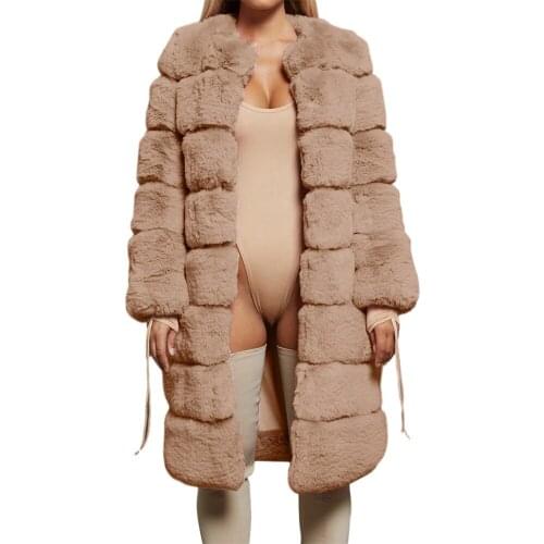 Faux Fur Coat Women Winter Solid O-Neck Long Open Stitch Coat Thick Warm Fashion Loose Plush Coat Women Fluffy Jacket Women