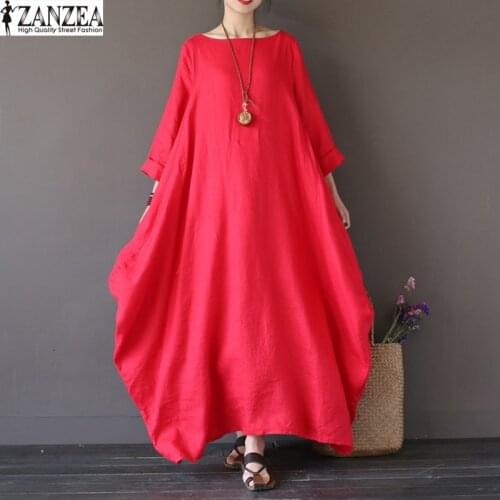 2021 ZANZEA Womens Crewneck 3/4 Sleeve Baggy Maxi Long Casual Party Shirt Dress Kaftan Solid Robe Vestido