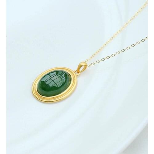 Biying Natural Hetian Jade Green Jade Pendant S925 Sterling Silver Oval Jade Necklace Simple Big Name New Product