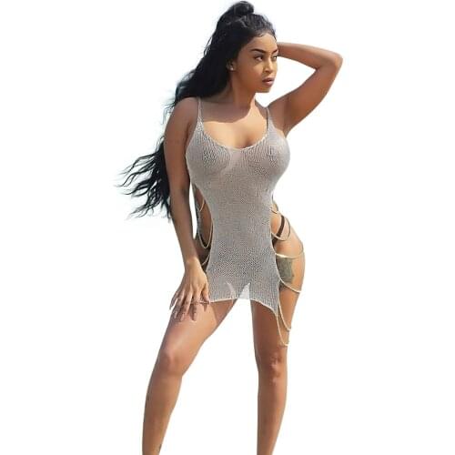 NOXNEX Shiny Women Beach Dress Backless Sexy Gold Iron Chain Cutout Hollow Out Crochet Bodycon Mini Dresses Vestidos Beach Wear