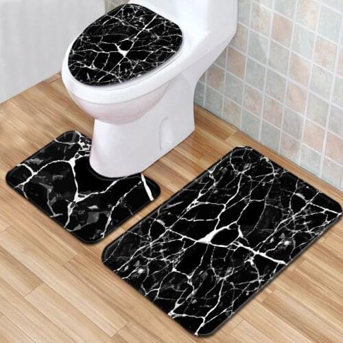 Marble Black Texture Bathroom Floor Mats, Black Non-slip Toilet Mat Three-piece Suit (pictures Can Be Customized) Shower Mat