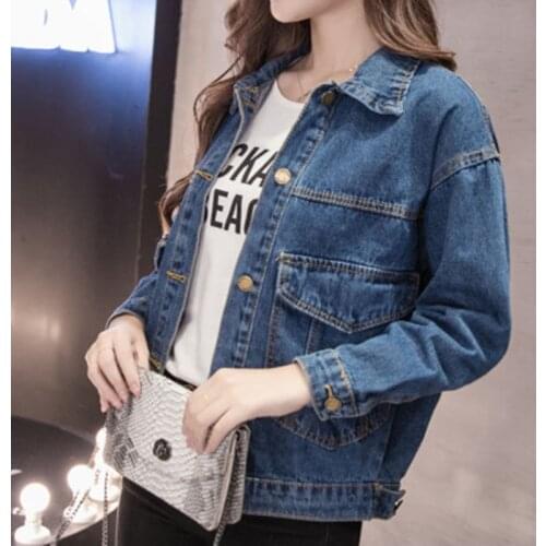 Denim Jacket Women Big Size Pocket Basical Button Coat Blue Wash Dye Plus Size Full Sleeves 2020 Student Fashion