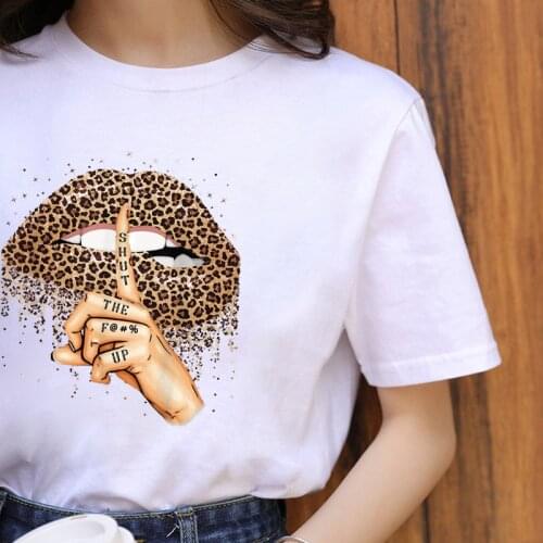 Summer Fashion Shirt Lips Leopard T Shirt Women Tops Graphic O-neck White Tees Kiss Leopard Lip Funny Girls T-shirt Aesthetic