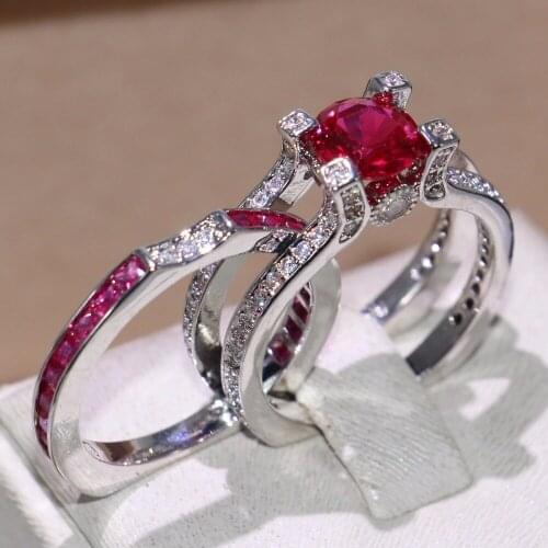 Size 5-10 Hot Drop Shipping Fashion Jewelry 925 Sterling Silver Round Cut Red Cubic Zirconia CZ Women Wedding Bridal Ring Set