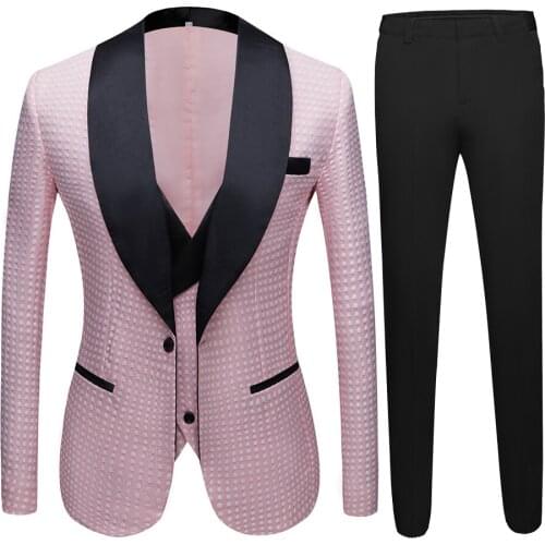 Latest Coat Pant Designs 2020 Shawl Lapel Groom Party Tuxedos Pink Dots 3 Piece Suits For Men Custom Made Wedding Men Suit Sets