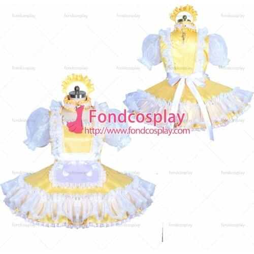 Fondcosplay adult sexy cross dressing sissy maid short French lockable yellow satin dress unisex Tailor-made[G3899]