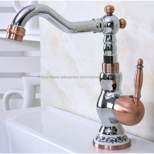 Basin Faucet Single Handle Mixer Tap Modern Kitchen Bar Sink Water Faucet Polished Chrome And Red Copper Rotable Tap Nnf905