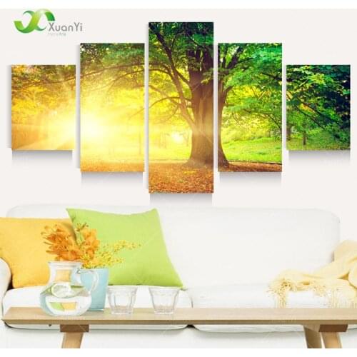 5 Panel Modern Printed Sun Tree Painting Picture Cuadros Decoracion Canvas Landscape Painting For Living Room No Framed PR1005