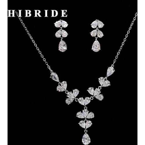 HIBRIDE Clear Cubic Zirconia Brazil Style Wedding Jewelry Sets Luxury Statement Necklace Earrings Set Dress Accessories N-252