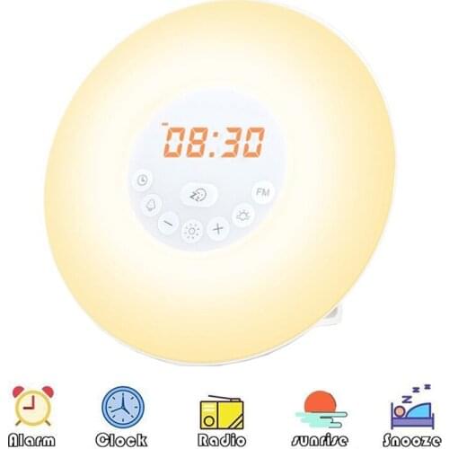 LED Wake Up Light Touch Sensing Digital Alarm Clock FM Radio Electronic Sunrise/Sunset LED Beside Table Clock with Snooze Mode