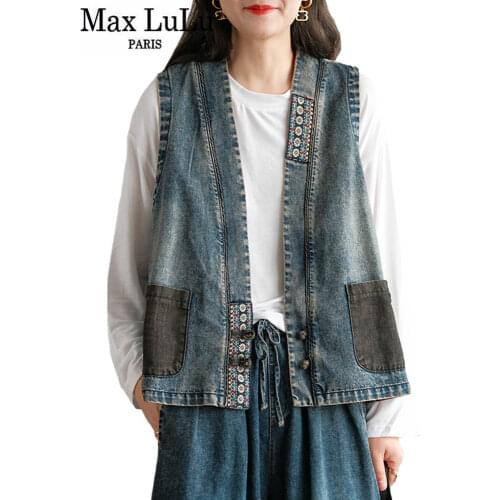 Max LuLu Chinese Designer Style 2021 Girls Vintage Denim Vest Coats Women Casual Sleeveless Clothing Female Oversized Waistcoats