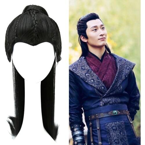 Ancient Chinese Style Hair for Men Warrior Long Straight Black Cosplay hair Swordsman accessories For Halloween party TV play