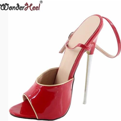 Wonderheel summer Extreme high heel 16cm/18cm metal heel red shiny Sexy fetish High Heel ankle strap women sandal with gold pipe